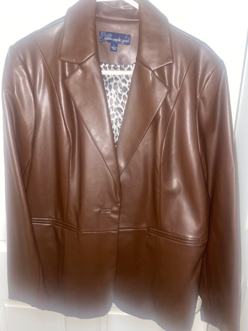 Susan Graver Style Brown Faux Leather Blazer Jacket Leopard Lining Size L